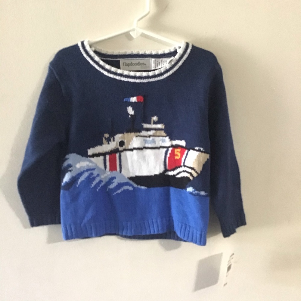 Flapdoodles boys sweater with boat. 2T